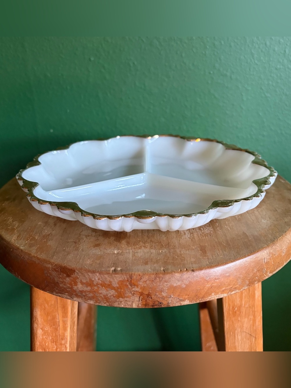 Vintage Anchor Hocking Fire King white milk glass gold trim divided dish